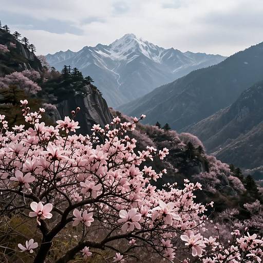 Photograph of a mountainous landscape with snow-capped peaks in the background, dark green forested hills, and a blooming pink cherry blossom tree