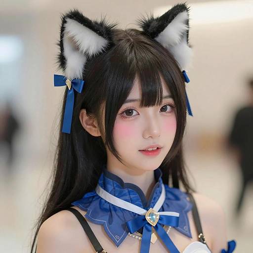 Young Woman in Blue Cat Cosplay