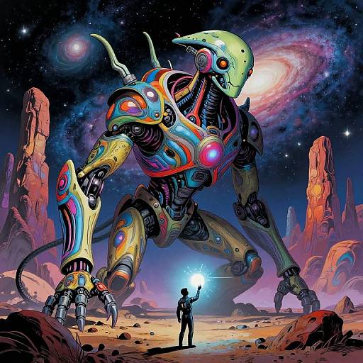Digital artwork: A futuristic, colorful robot with a skull head and glowing eyes stands in a starry, rocky desert, facing a small, illuminated figure