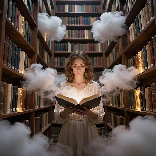 Photograph of a curly-haired woman in a white dress, surrounded by floating clouds, reading a book in a library aisle.