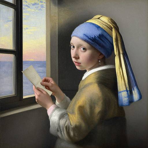 Digital painting of a young girl with a blue and yellow headscarf, reading a letter by a sunset-lit window.