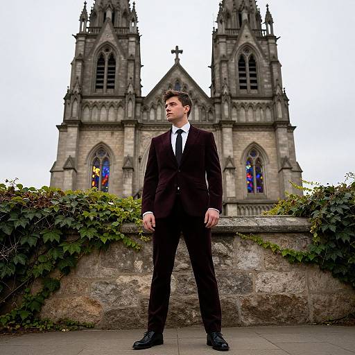 Man in Burgundy Suit in Front of Gothic Church