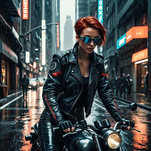 Cyberpunk Female Motorcyclist in Rainy City