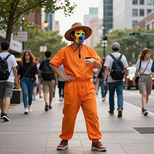 Vibrant Street Performer in Orange Outfit