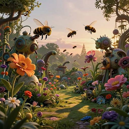Whimsical CGI garden scene at sunset with colorful flowers, robotic bees, and vibrant blooms, featuring a sunlit path and lush greenery.