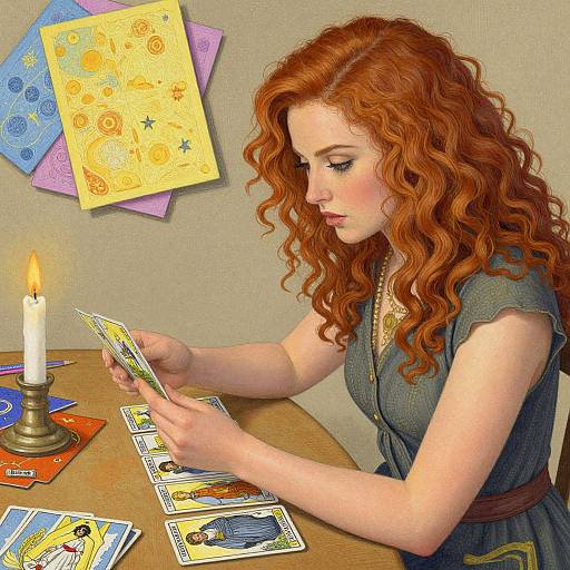 A fair-skinned woman with long, curly red hair studies tarot cards by candlelight, surrounded by colorful astrology papers and cards on a wooden table