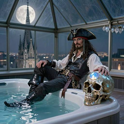 Photograph of a pirate with long hair, tricorn hat, white shirt, black vest, and boots, reclining in a hot tub with a