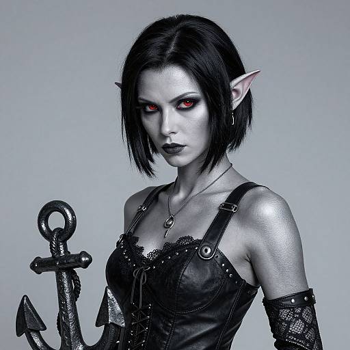 Digital artwork of a silver-skinned, red-eyed, black-haired elf woman with pointed ears, wearing black leather armor and holding an anchor, against a