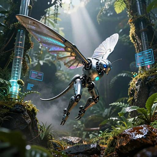 Cybernetic Hummingbird in Lush Gardens