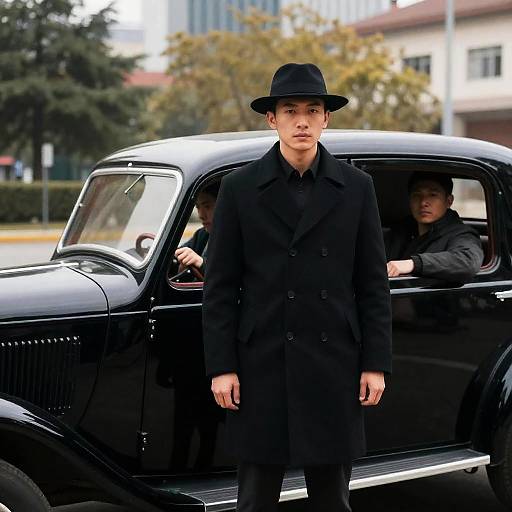 Man in Black Overcoat and Hat with Vintage Car