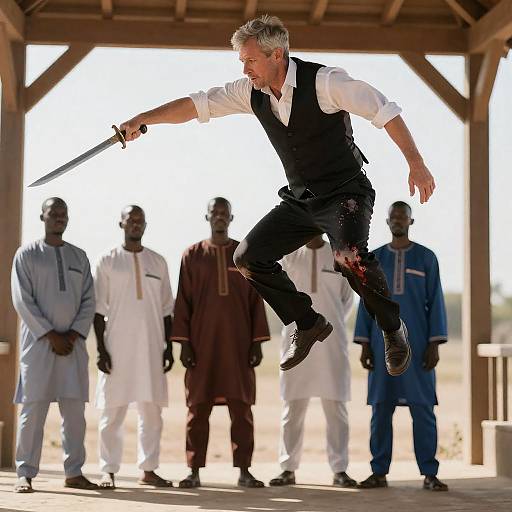 Sunlit Leap: Swordsman and Onlookers