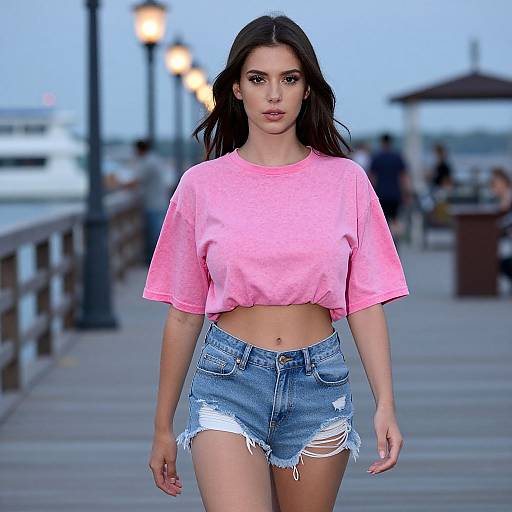 Photograph of a young woman with long dark hair, wearing a pink crop top and distressed blue denim shorts, walking on a boardwalk at dusk,