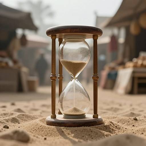 Photograph of a wooden hourglass with sand mid-flow, set on sandy ground in a sunlit, blurred market street.