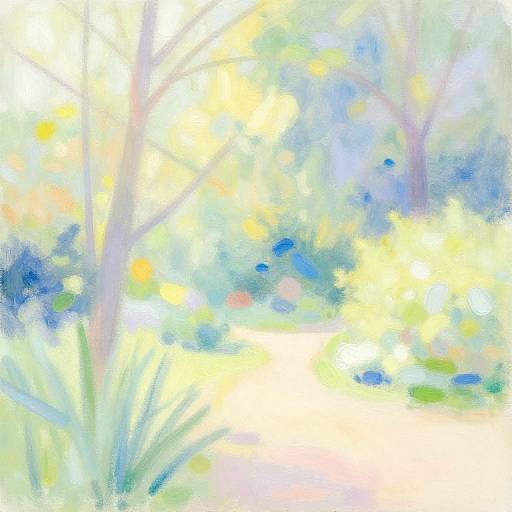 Abstract pastel painting of a sunlit forest, featuring blurred trees, yellow flowers, blue dots, and green foliage, in soft, glowing colors.