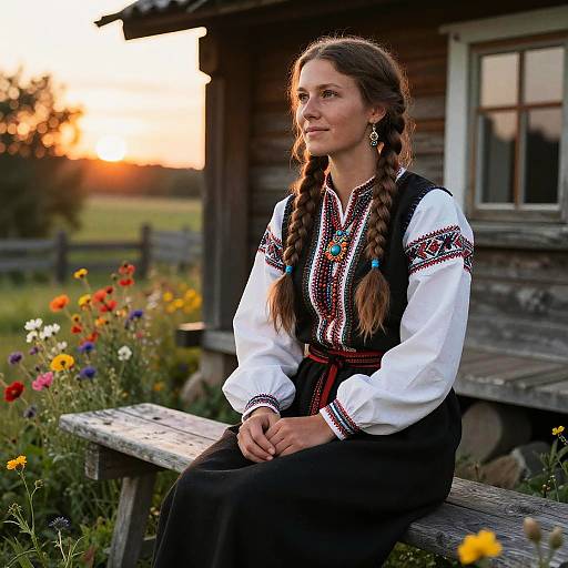 Photograph of a young woman with braided brown hair, wearing a traditional white and black embroidered dress, sitting on a wooden bench at sunset, with