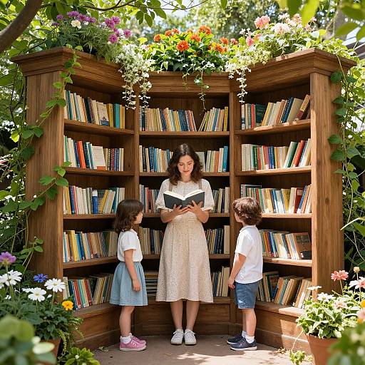 Photograph of a brunette woman in a white dress, reading to two young girls in a sunlit, wooden bookshelf garden nook.
