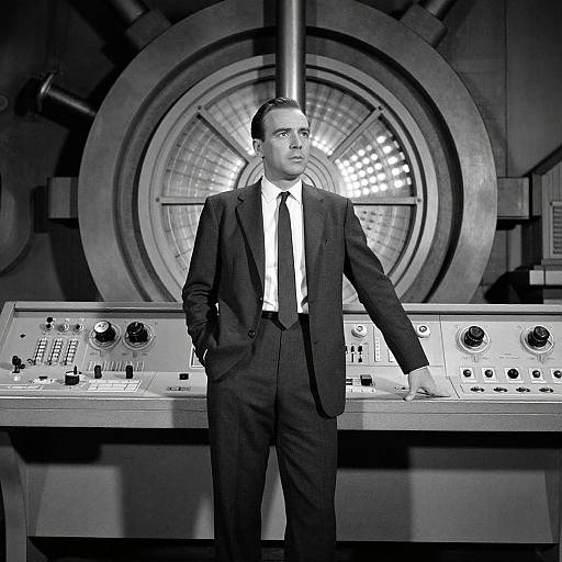 Black-and-white photograph of a serious man in a suit, standing in front of a large radar control panel with circular display. Hand in pocket, neck