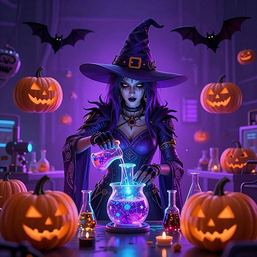 Cyberpunk Witch Brewing Neon Potion