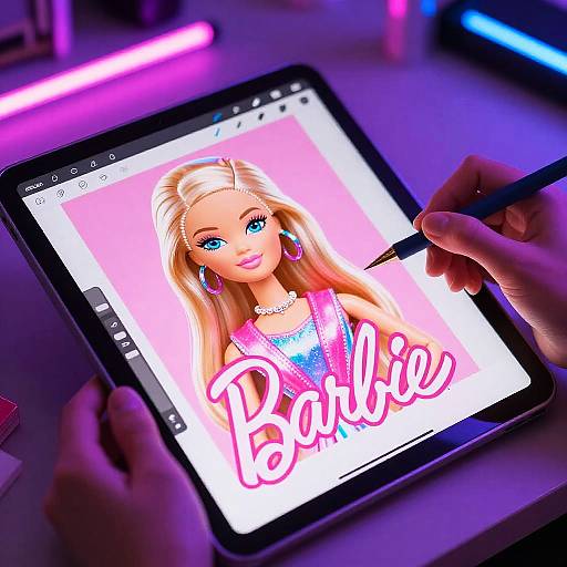 Hands drawing digital illustration of blonde Barbie with blue eyes, pink outfit, and 