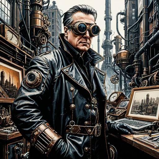 Steampunk Inventor in Industrial Cityscape