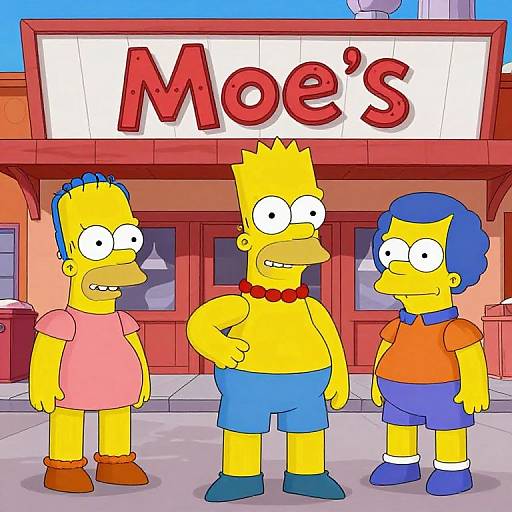 Cartoon image of three yellow-skinned Simpsons characters standing outside 