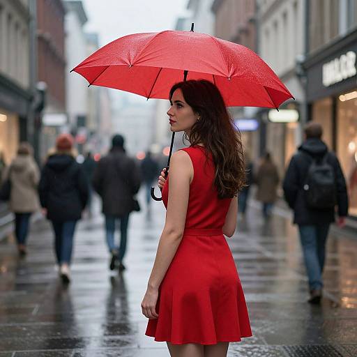Woman in Red on Rainy City Street