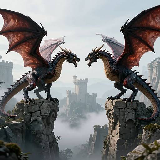 Digital artwork of two fierce, red and black dragons facing each other on rocky cliffs, with misty medieval castle towers in the background.