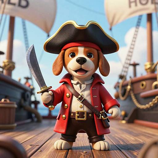 Cute CGI puppy pirate in red coat, black tricorn hat, holding sword, standing on wooden ship deck with sails and rigging.