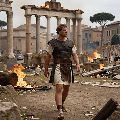 Photograph of a muscular, curly-haired man in ancient Roman armor walking through a ruined, fiery archaeological site with Colosseum columns in the background
