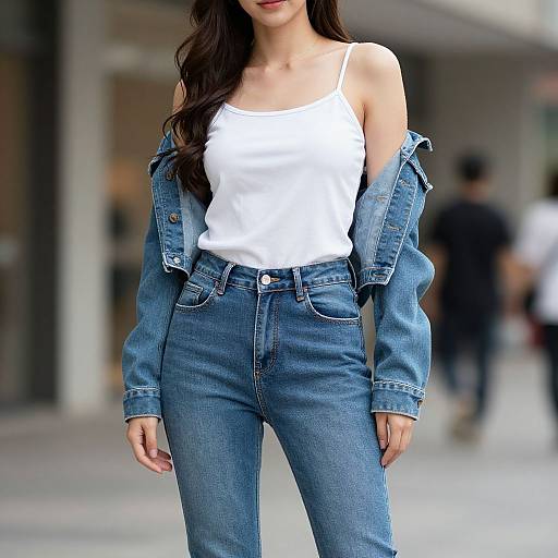 Photograph of a woman with long brown hair, wearing a white tank top, blue denim jacket, and high-waisted blue jeans, standing on