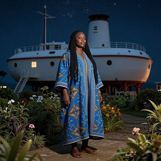 African woman with long braids in blue, patterned traditional dress stands in front of a large white ship at night, surrounded by colorful flowers.