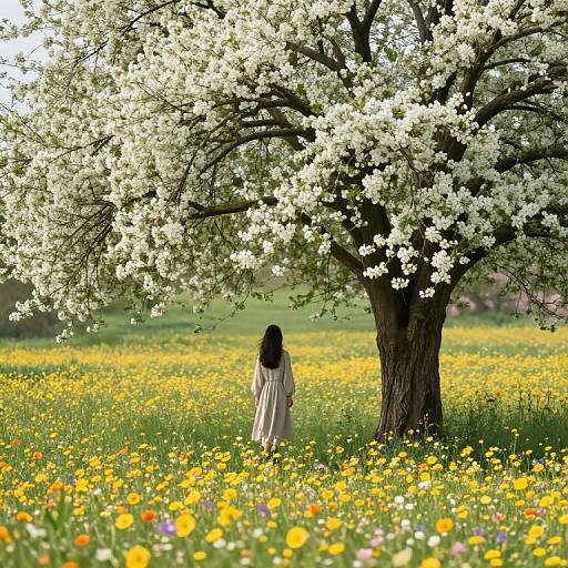 Solitary Figure Beneath Blossoming Tree
