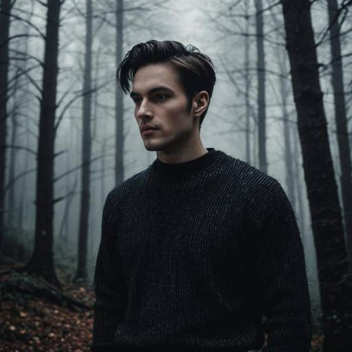 Man in Ribbed Sweater in Foggy Forest