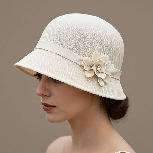 Photograph of a light-skinned woman in profile wearing a white, textured wide-brimmed hat adorned with a large cream flower on the right side