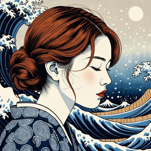 Ukiyo-e Style Portrait of Girl with Chestnut Hair