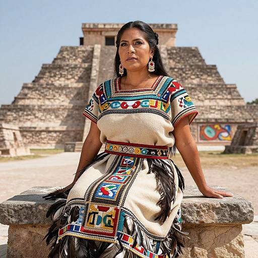 Photograph of an Indigenous woman in colorful, embroidered traditional dress with feather skirt, standing against ancient Mayan pyramid backdrop.