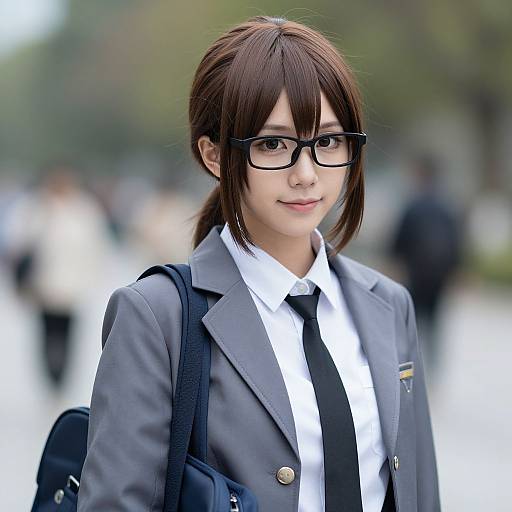 Photograph of an Asian woman with brown hair in a ponytail, wearing black glasses, a grey blazer, white shirt, black tie, and