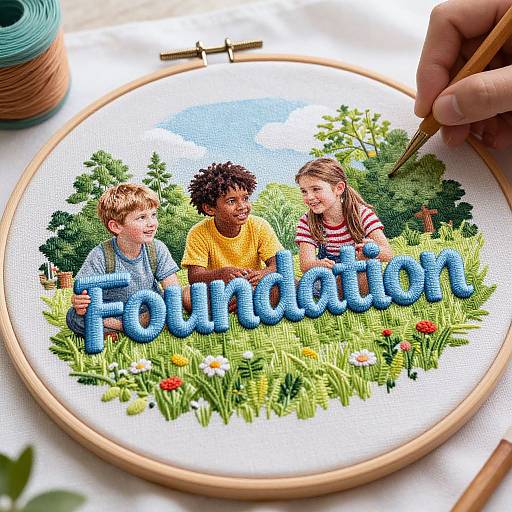 Photograph of three children with diverse backgrounds stitching 