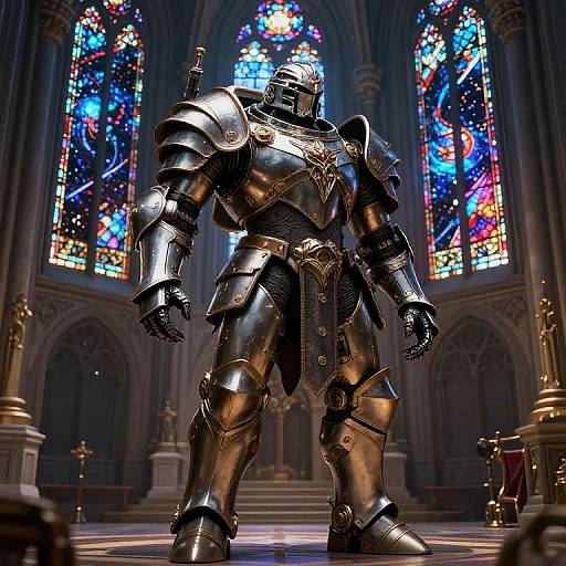 Photorealistic CGI of a muscular, golden knight in full armor standing in a grand, gothic cathedral with vibrant, colorful stained glass windows behind him