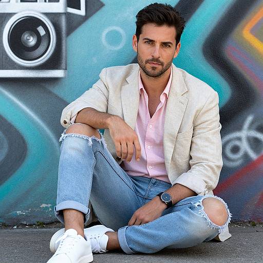 Photograph of a handsome, bearded man with dark hair, wearing a white blazer, pink shirt, ripped blue jeans, and white sneakers,