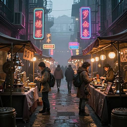 Photograph of a neon-lit, misty night market with vendors under awnings, selling food and goods, people walking down a wet, cob