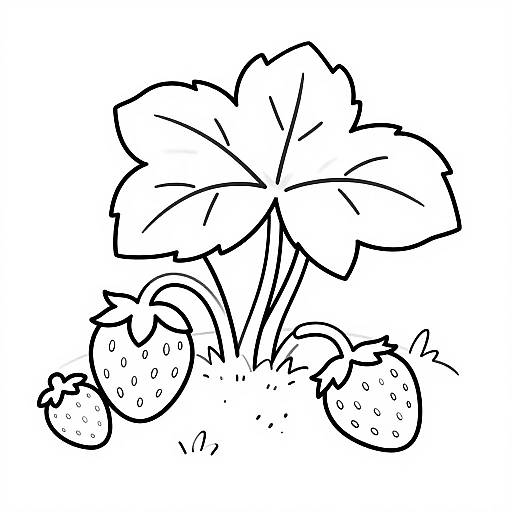Black and white line drawing of a strawberry plant with large leaves and three strawberries with dots, simple and cartoon-like style.