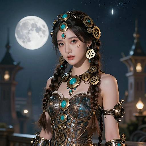 Steampunk Woman Under a Starry Night