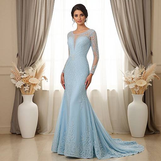 Photograph of a smiling Indian woman in a light blue, lace-embellished, long-sleeve, form-fitting wedding gown with a