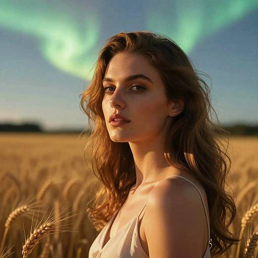 Photograph of a beautiful young woman with long brown hair, wearing a white tank top, standing in a golden wheat field under a vibrant green aurora