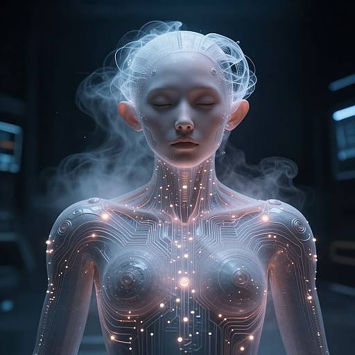 Digital art of a glowing, cybernetic woman with intricate circuits on her pale skin, blue-white holographic hair, and ethereal, closed eyes
