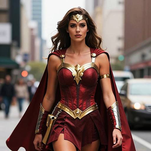 Woman in Red Superhero Costume in Urban Setting