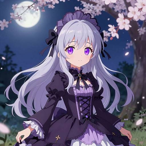 Anime-style digital drawing of a cute, young girl with long white hair, purple eyes, wearing a black and white frilled gothic dress, under