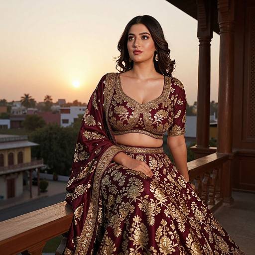 Photograph of a beautiful Indian woman with dark hair, wearing an ornate maroon and gold traditional lehenga and choli, standing on a balcony
