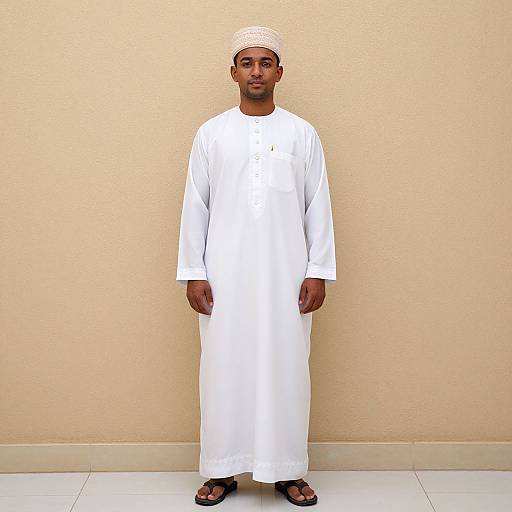 Photograph of a Black man with dark skin, wearing a white traditional dishdasha, white cap, and black sandals, standing against a beige wall